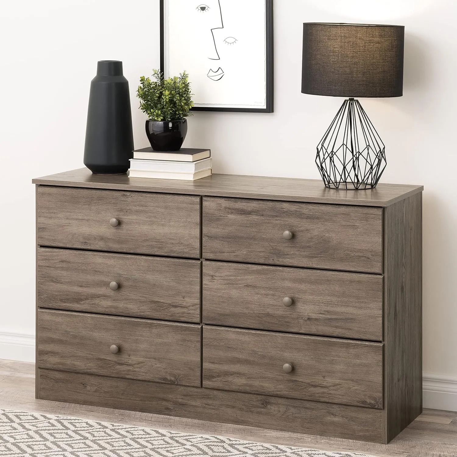 Prepac Astrid Simplistic 6-Drawer Dresser for Bedroom, Functional Bedroom Dresser Chest of Drawers 15.5" D x 47.5" W x 26.85" H, Drifted Gray