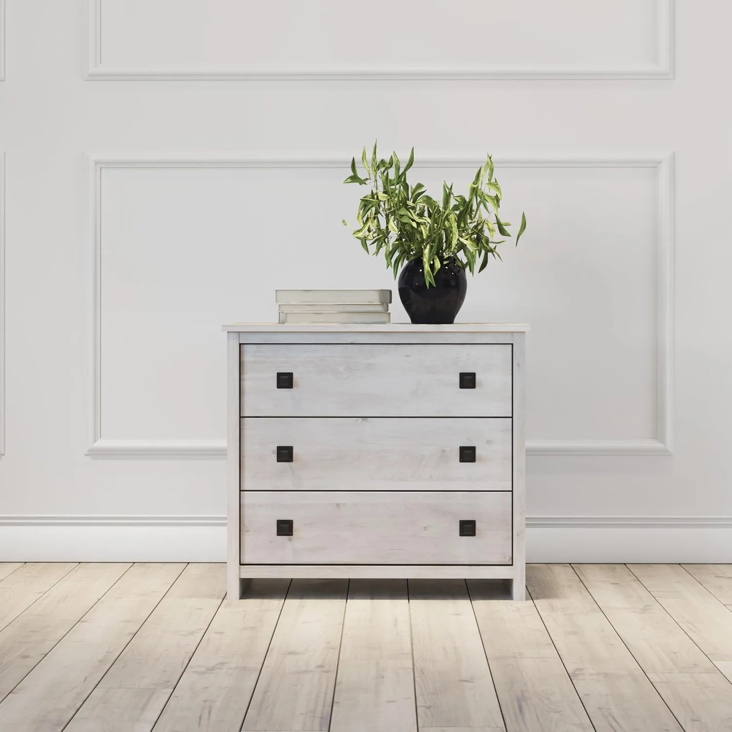Prepac Bancroft 29.75" Wide Nightstand, Wood Nightstand with Drawers for Bedrooms, Hallway Contemporary Wood Storage, Side Table with 3 Drawers Suitable for Entryway, Livingroom, Bedroom, Washed White