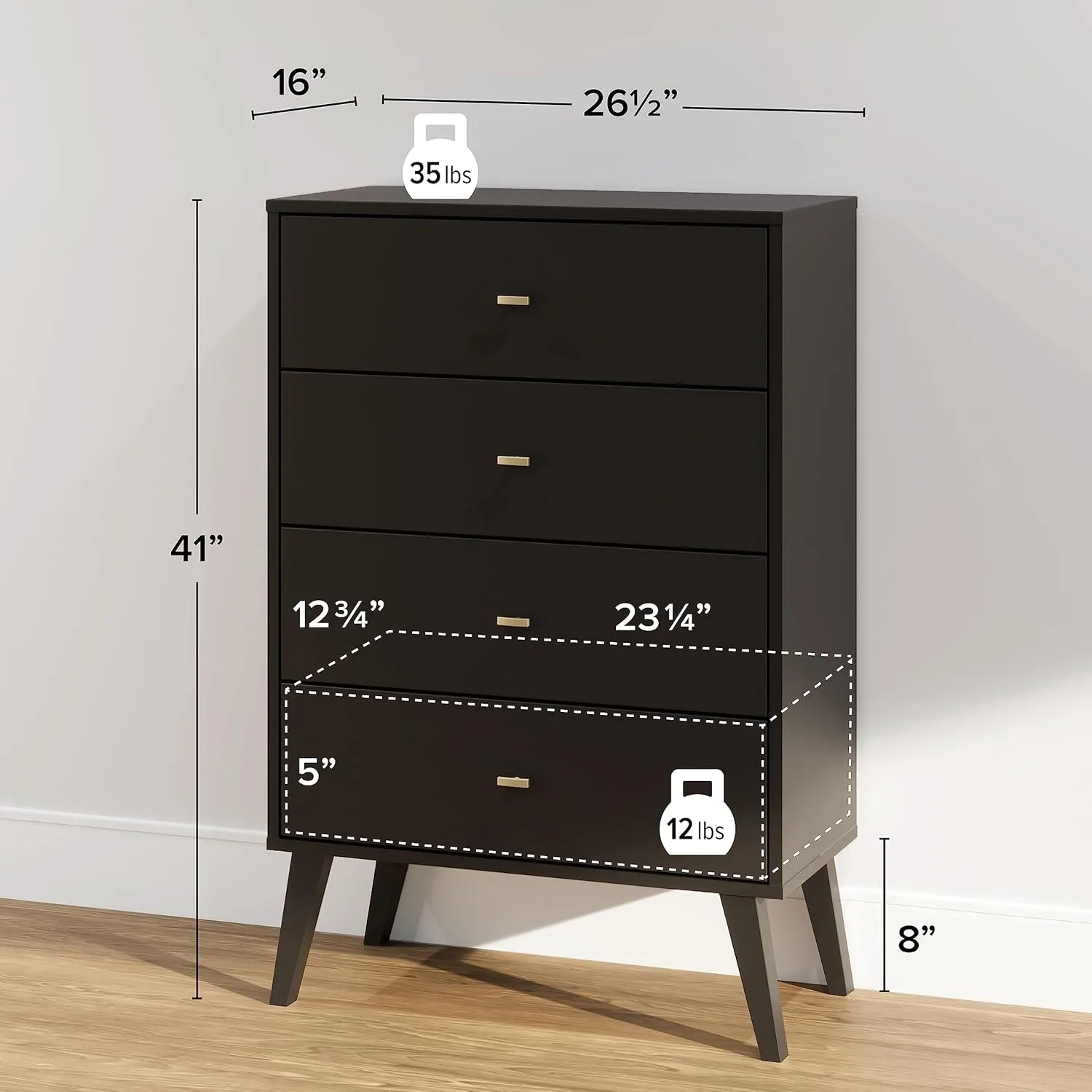 Prepac Milo 4-Drawer Chest, Black & Milo Mid-Century Modern 2 Drawer Nightstand with Open Shelf, 16" D x 22.5" W x 29.5" H, Black