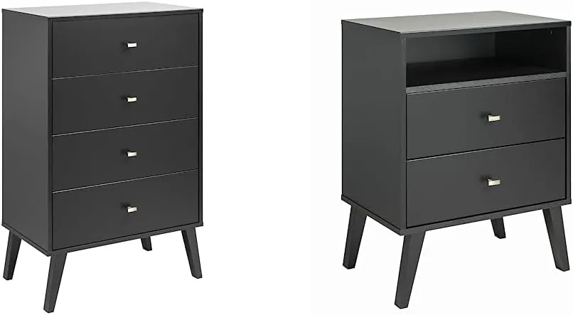 Prepac Milo 4-Drawer Chest, Black & Milo Mid-Century Modern 2 Drawer Nightstand with Open Shelf, 16" D x 22.5" W x 29.5" H, Black