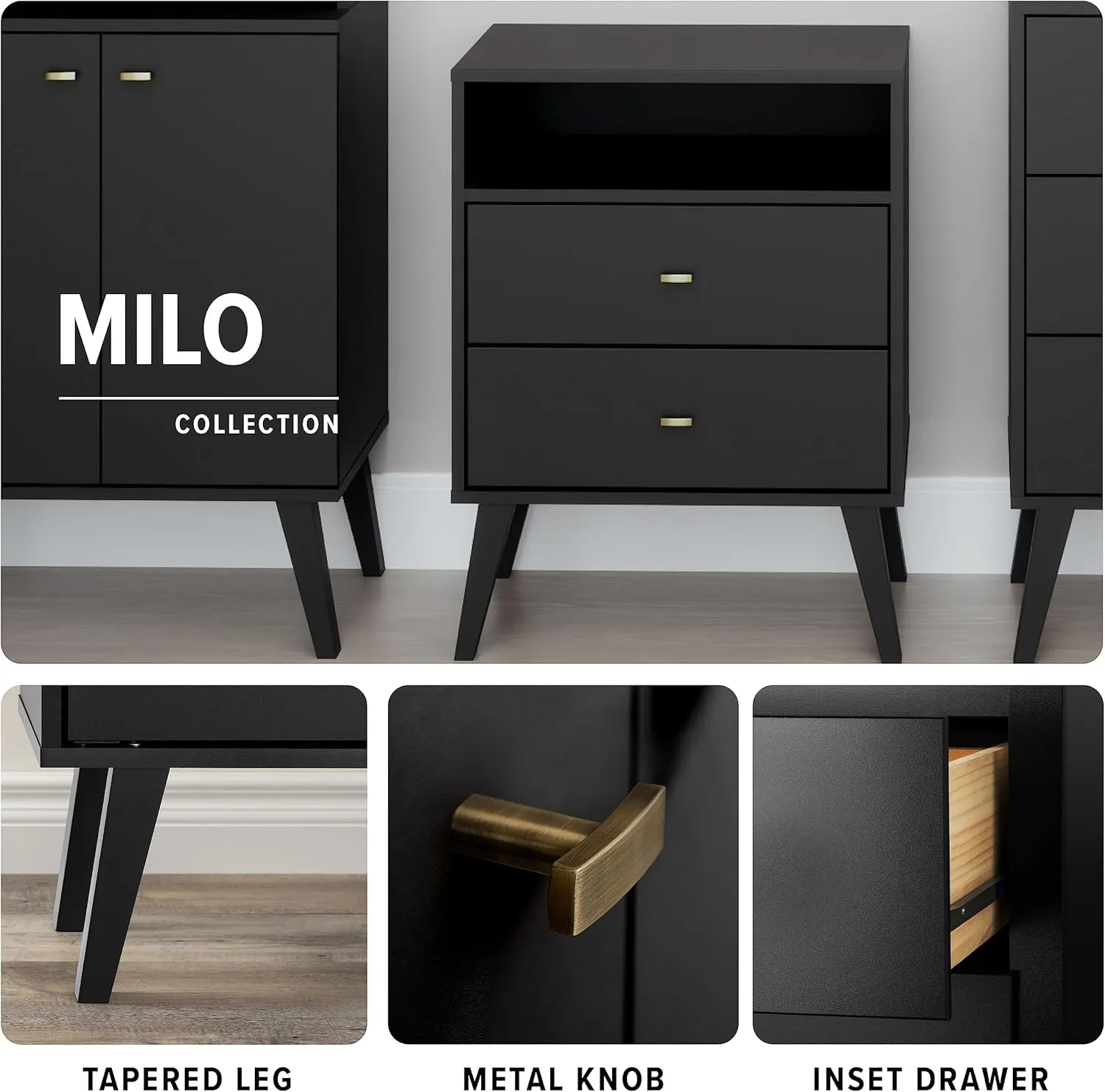 Prepac Milo 4-Drawer Chest, Black & Milo Mid-Century Modern 2 Drawer Nightstand with Open Shelf, 16" D x 22.5" W x 29.5" H, Black