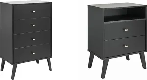 Prepac Milo 4-Drawer Chest, Black & Milo Mid-Century Modern 2 Drawer Nightstand with Open Shelf, 16" D x 22.5" W x 29.5" H, Black