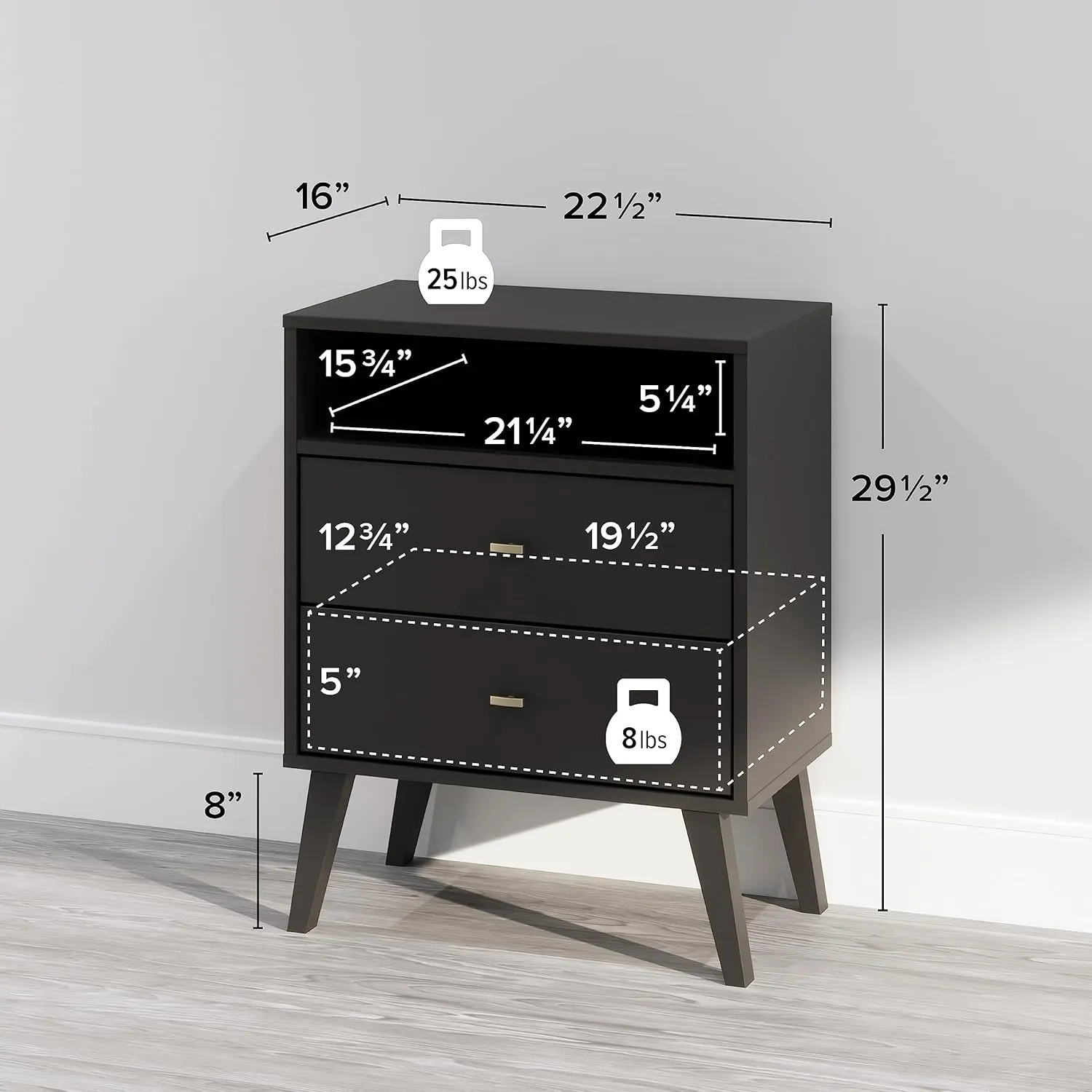 Prepac Milo 4-Drawer Chest, Black & Milo Mid-Century Modern 2 Drawer Nightstand with Open Shelf, 16" D x 22.5" W x 29.5" H, Black
