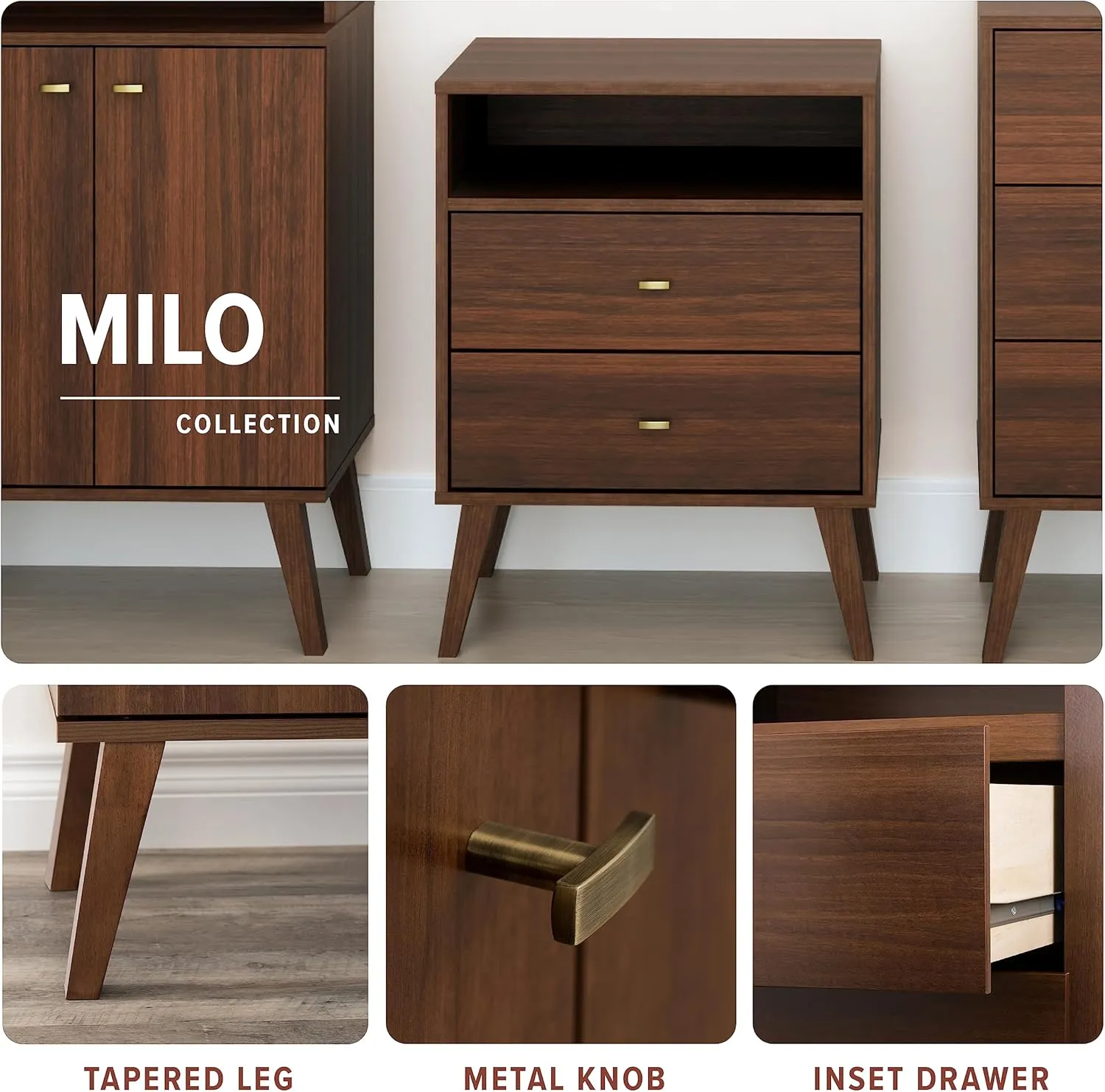 Prepac Milo Mid-Century Modern 2 Drawer Nightstand, Bedside Table, Contemporary Bedroom Furniture, 16"D x 25"W x 25"H, Cherry