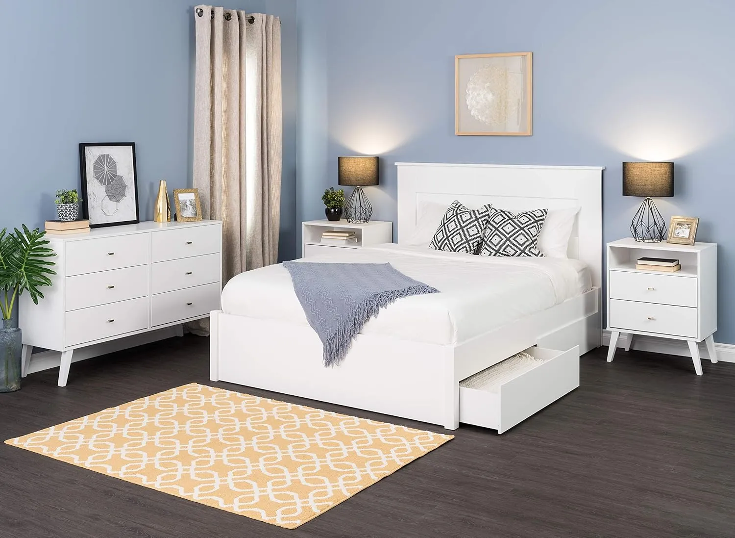 Prepac Milo Mid-Century Modern 2 Drawer Nightstand with Open Shelf, Bedside Table, Contemporary Bedroom Furniture, 16"D x 22.5"W x 29.5"H, White