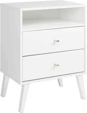 Prepac Milo Mid-Century Modern 2 Drawer Nightstand with Open Shelf, Bedside Table, Contemporary Bedroom Furniture, 16"D x 22.5"W x 29.5"H, White