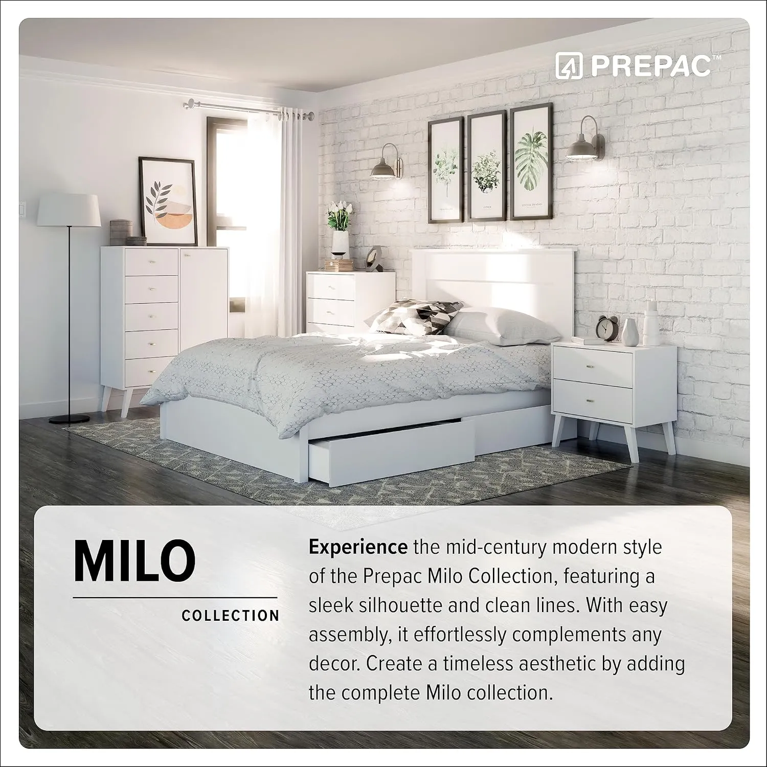 Prepac Milo Mid-Century Modern 2 Drawer Nightstand with Open Shelf, Bedside Table, Contemporary Bedroom Furniture, 16"D x 22.5"W x 29.5"H, White