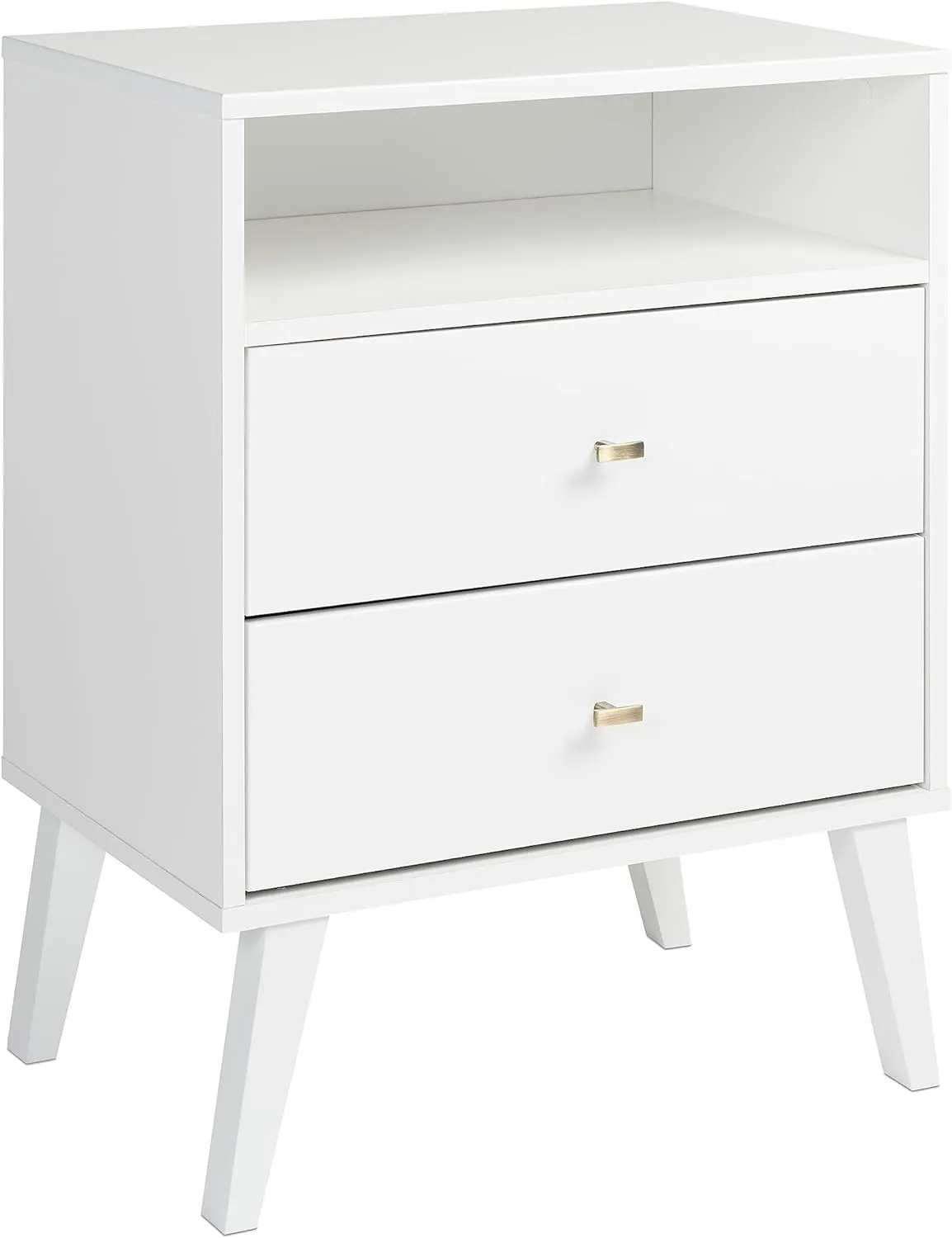 Prepac Milo Mid-Century Modern 2 Drawer Nightstand with Open Shelf, Bedside Table, Contemporary Bedroom Furniture, 16"D x 22.5"W x 29.5"H, White