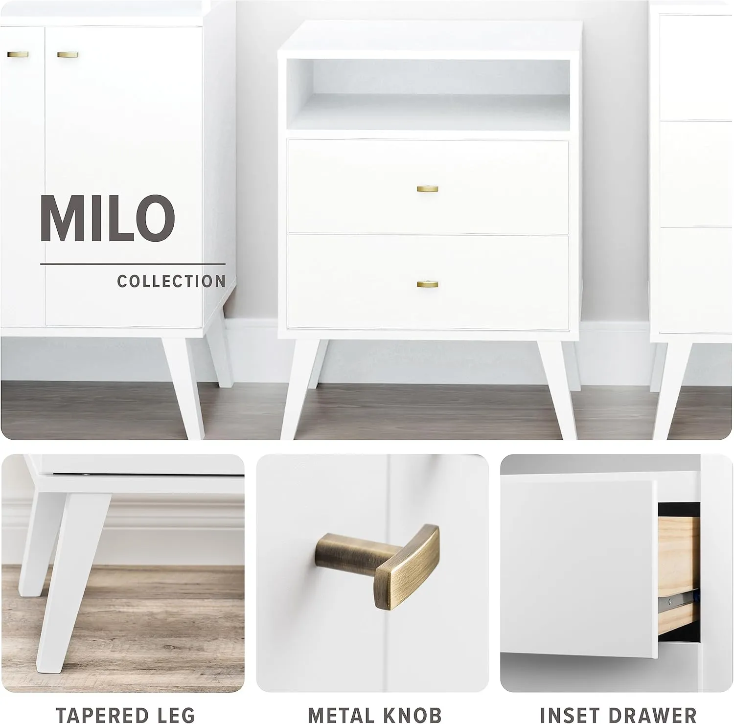 Prepac Milo Mid-Century Modern 2 Drawer Nightstand with Open Shelf, Bedside Table, Contemporary Bedroom Furniture, 16"D x 22.5"W x 29.5"H, White