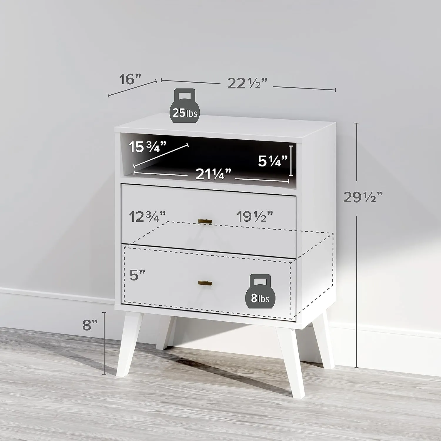 Prepac Milo Mid-Century Modern 2 Drawer Nightstand with Open Shelf, Bedside Table, Contemporary Bedroom Furniture, 16"D x 22.5"W x 29.5"H, White
