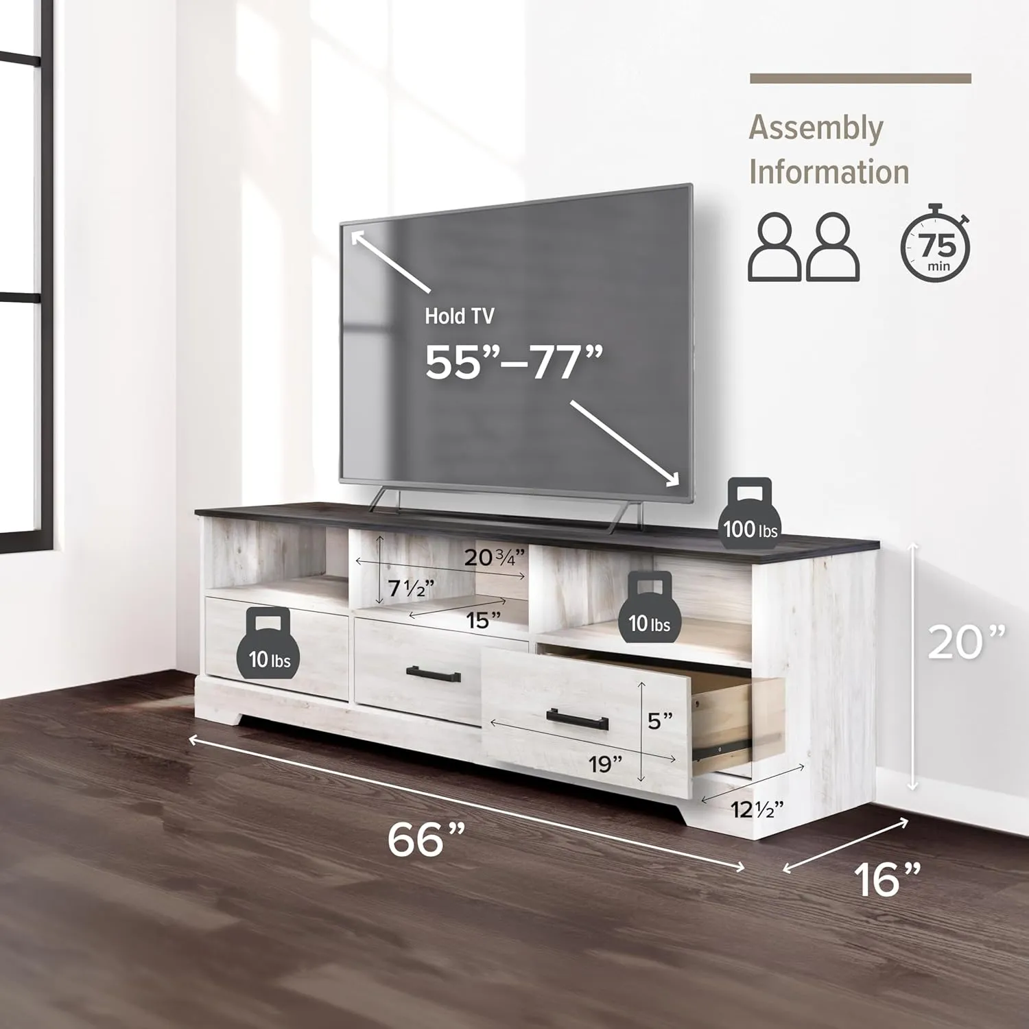 Prepac Rustic Ridge TV Stand, Washed White Storage Cabinet with Shelves, Living Room Storage Cabinet 66" W x 20" H x 16" D