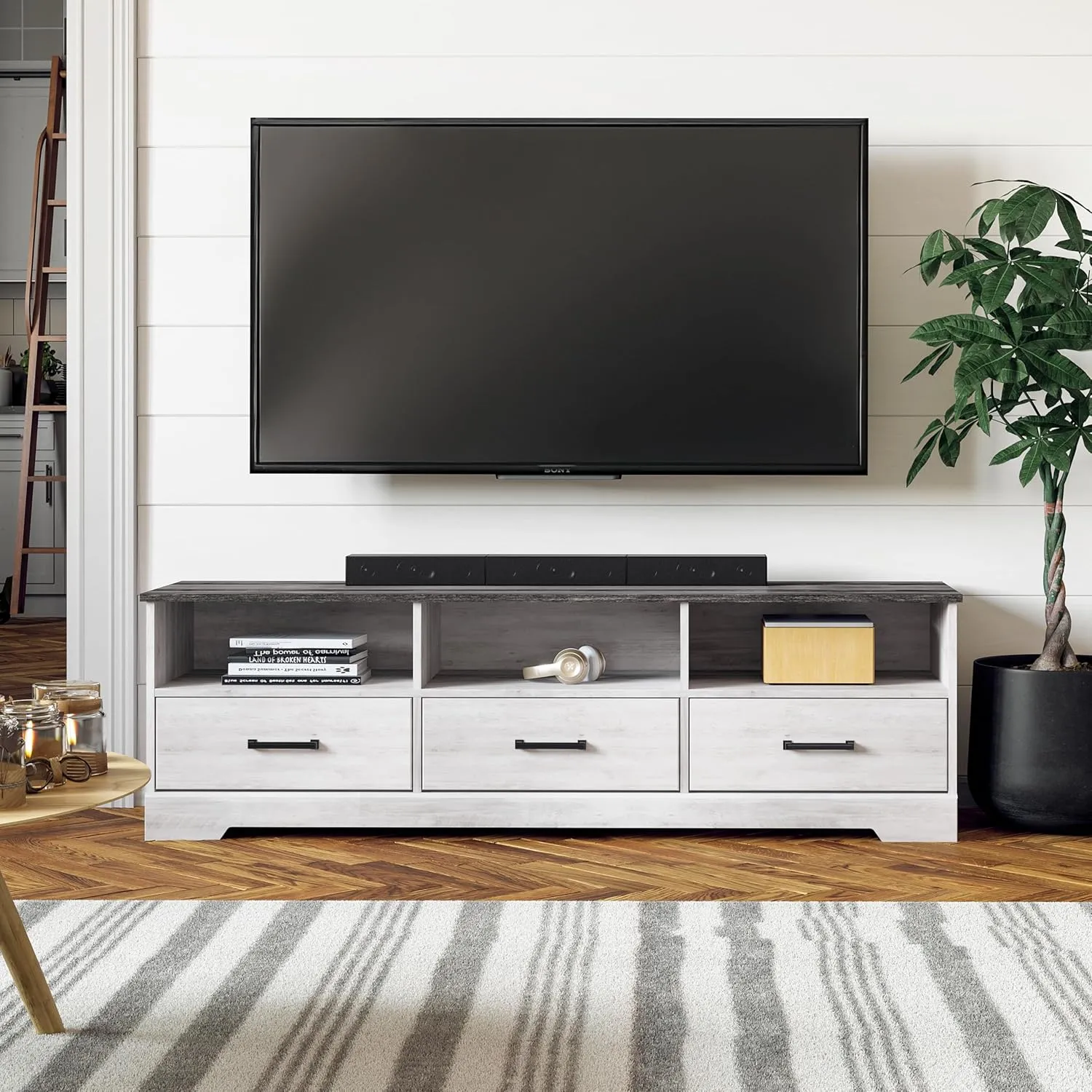 Prepac Rustic Ridge TV Stand, Washed White Storage Cabinet with Shelves, Living Room Storage Cabinet 66" W x 20" H x 16" D