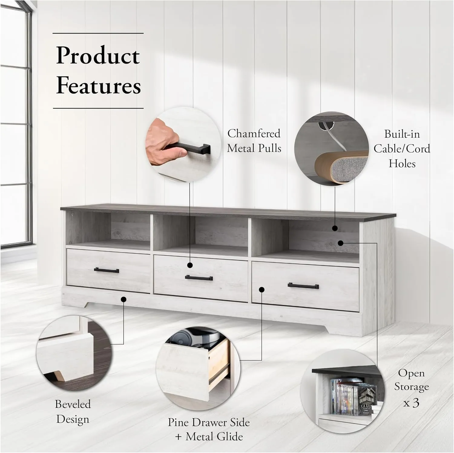 Prepac Rustic Ridge TV Stand, Washed White Storage Cabinet with Shelves, Living Room Storage Cabinet 66" W x 20" H x 16" D