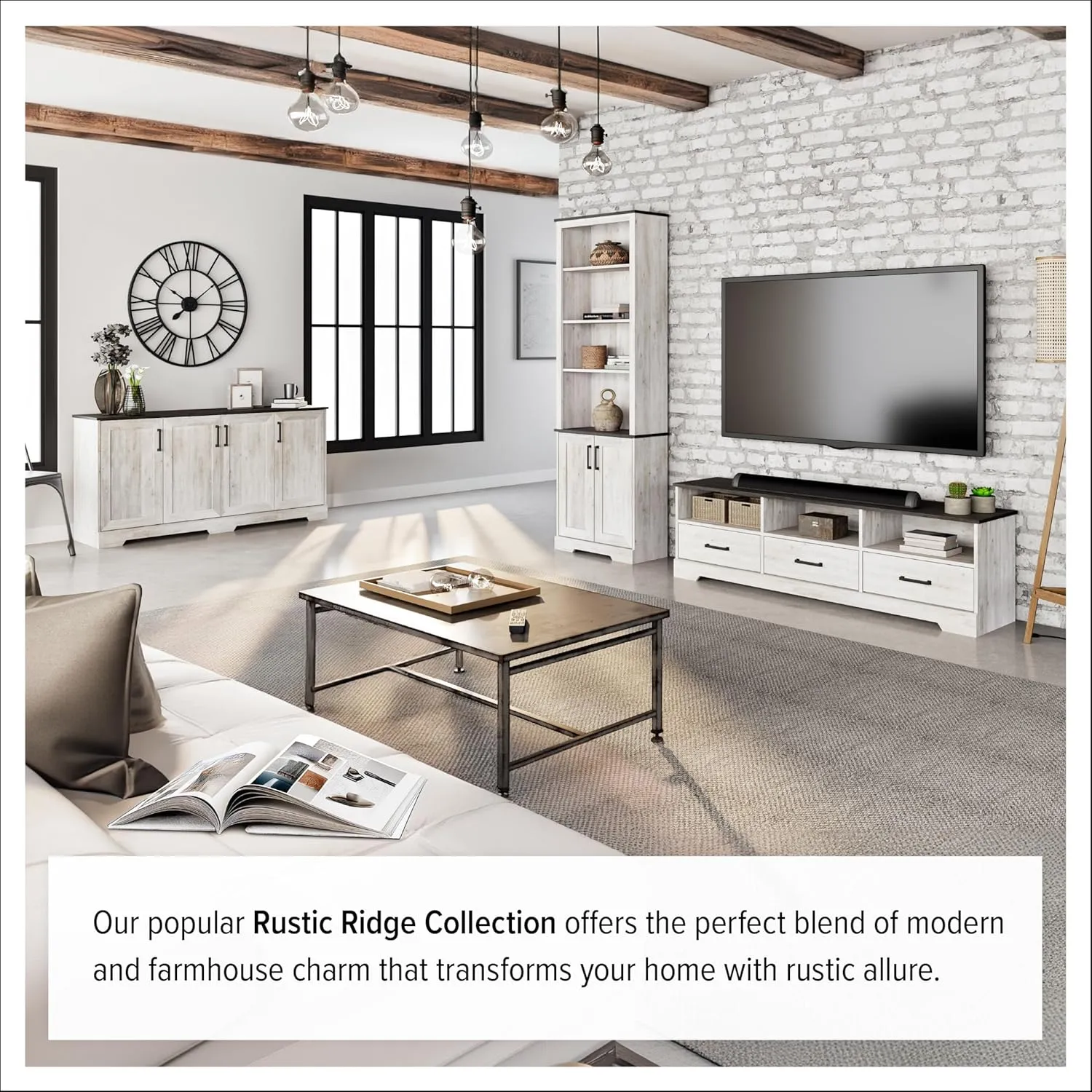 Prepac Rustic Ridge TV Stand, Washed White Storage Cabinet with Shelves, Living Room Storage Cabinet 66" W x 20" H x 16" D