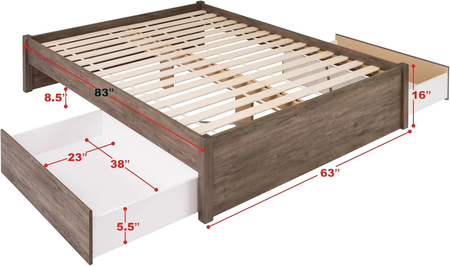 Prepac Select Queen 4-Post Raised Platform 2-Drawer Storage Bed, Modern Queen Storage Bed with Drawers 83" D x 63" W x 16" H, Drifted Gray, DBSQ-1302-3K