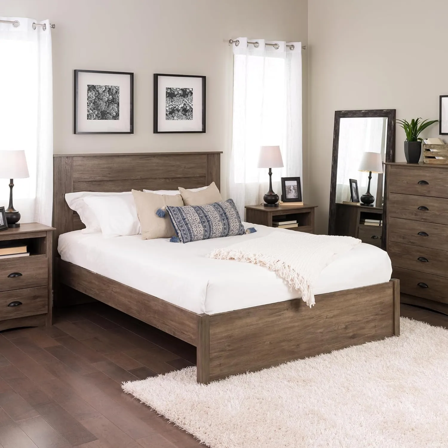 Prepac Select Queen 4-Post Raised Platform Bed with Under Bed Storage Space, Modern Queen Storage Bed 83" D x 63" W x 16" H, Drifted Gray, DBSQ-1302-2K