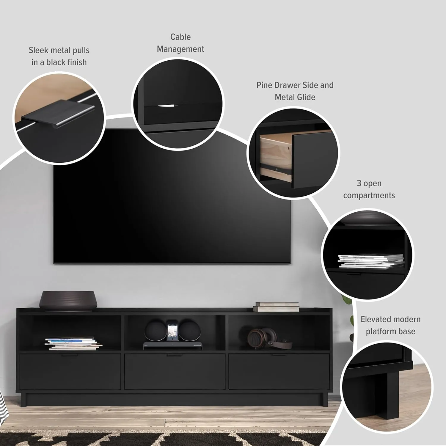 Prepac Simply Modern TV Stand, Black Storage Cabinet with Shelves, Living Room Storage Cabinet 70.25" W x 22" H x 16" D