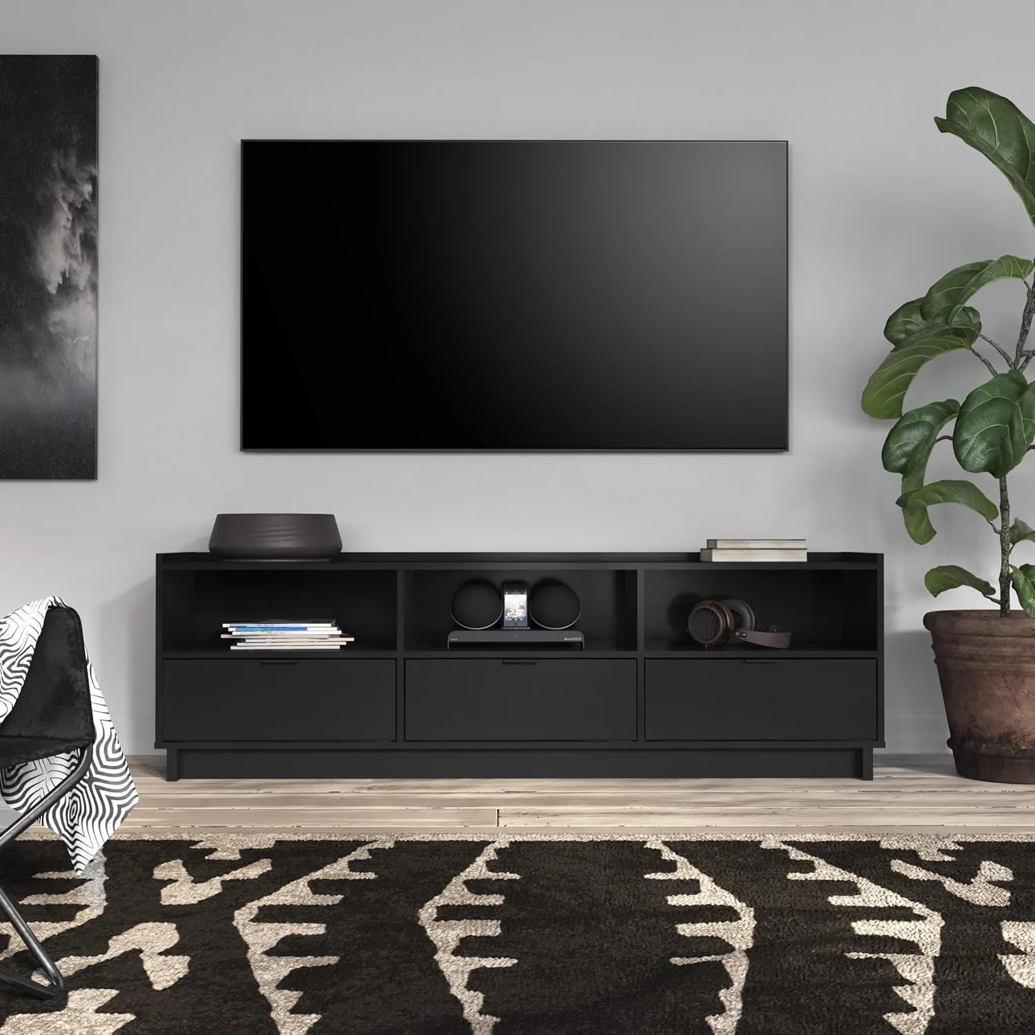 Prepac Simply Modern TV Stand, Black Storage Cabinet with Shelves, Living Room Storage Cabinet 70.25" W x 22" H x 16" D