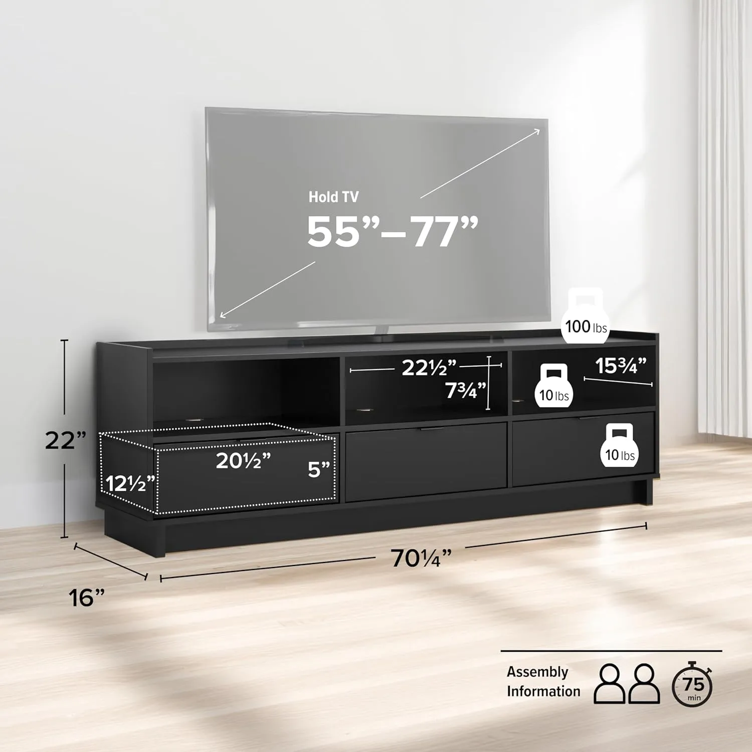 Prepac Simply Modern TV Stand, Black Storage Cabinet with Shelves, Living Room Storage Cabinet 70.25" W x 22" H x 16" D