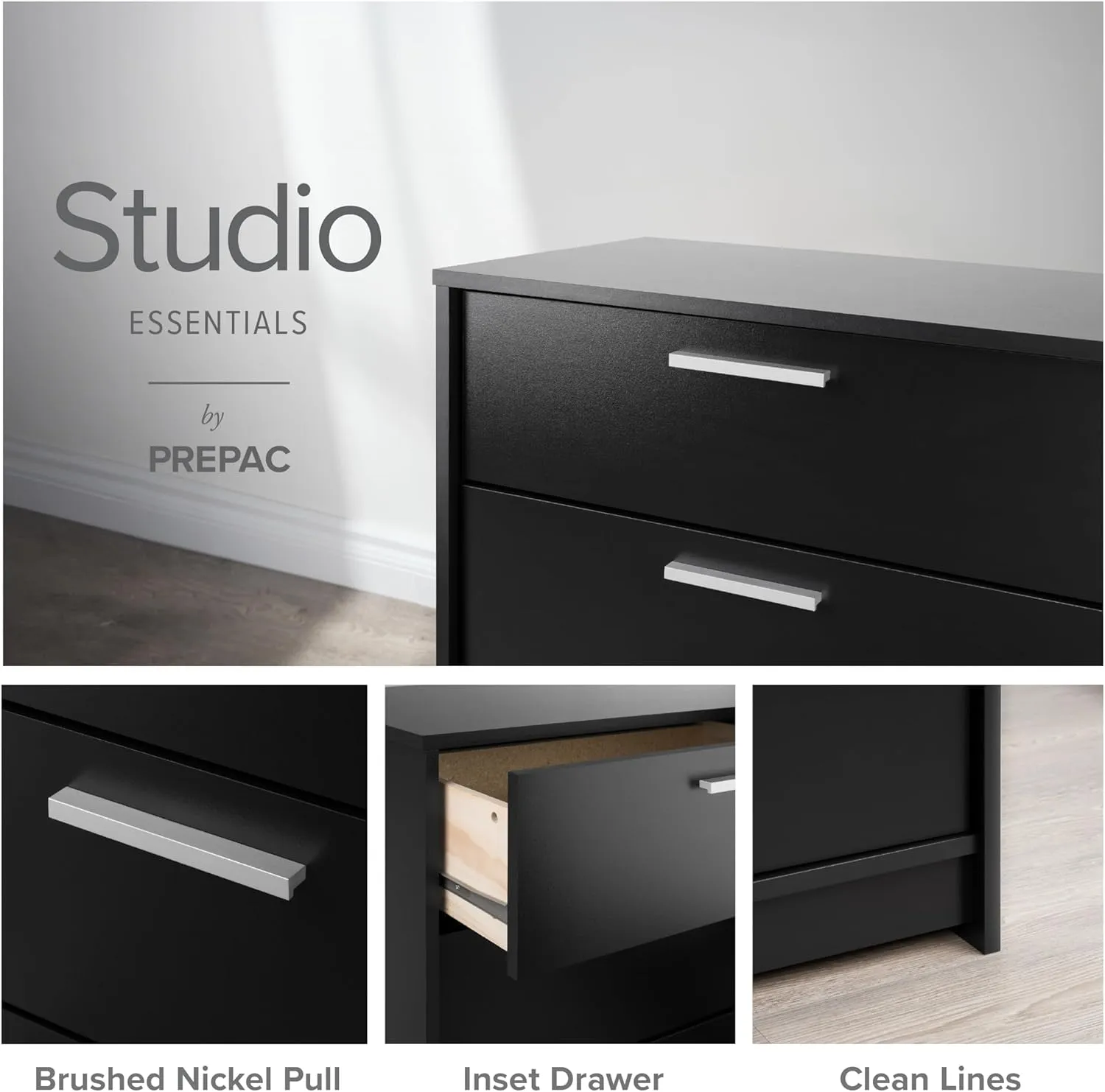 Prepac Studio Essentials Dresser, Black Dresser for Bedroom, Chest of Drawers with 4 Drawers 18" D X 30" W x 36.5" H, BDBR-2104-1