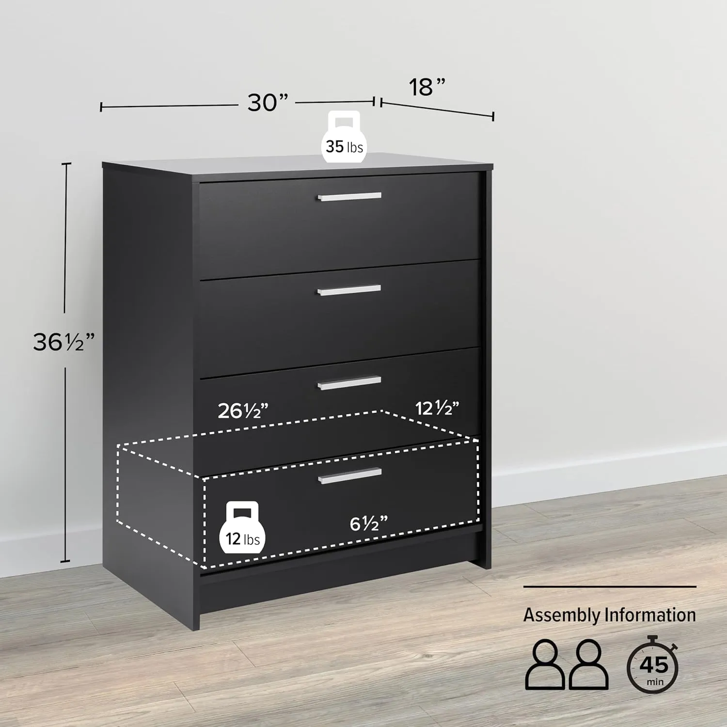 Prepac Studio Essentials Dresser, Black Dresser for Bedroom, Chest of Drawers with 4 Drawers 18" D X 30" W x 36.5" H, BDBR-2104-1