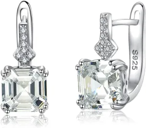 Princess Cut Sterling Silver Hoop Earrings, Lab Simulation Diamond 5A Cubic Zirconia Sterling Silver Platinum Plated Earrings for Women Wedding Birthday Jewerly Gifts