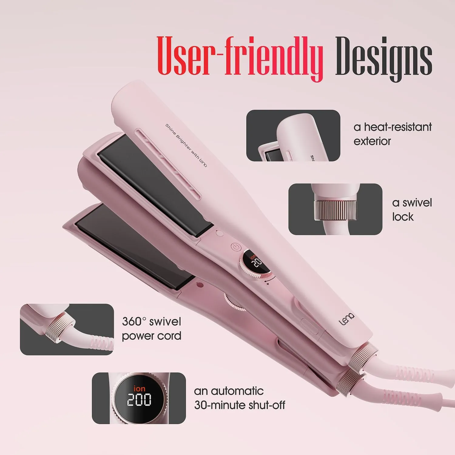 Professional Hair Straightener LENA H2S Wide Flat Iron with Wider Titanium Plates, 12 Adjustable Temps, LED Display, Fast Heating, Dual Voltage & 30 Minutes Auto Power-Off
