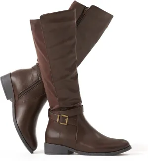 Putu Women's Knee High Riding Boots Flat Heel Tall Boots Round Toe Boots with Buckle Straps