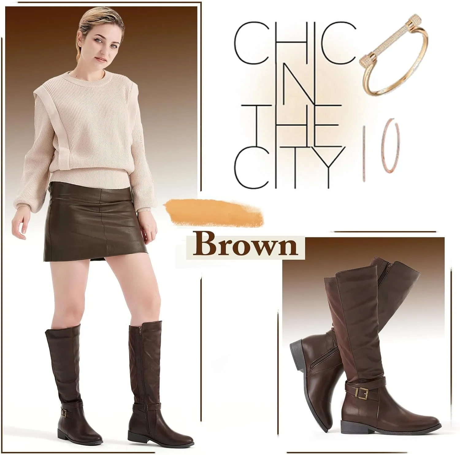 Putu Women's Knee High Riding Boots Flat Heel Tall Boots Round Toe Boots with Buckle Straps