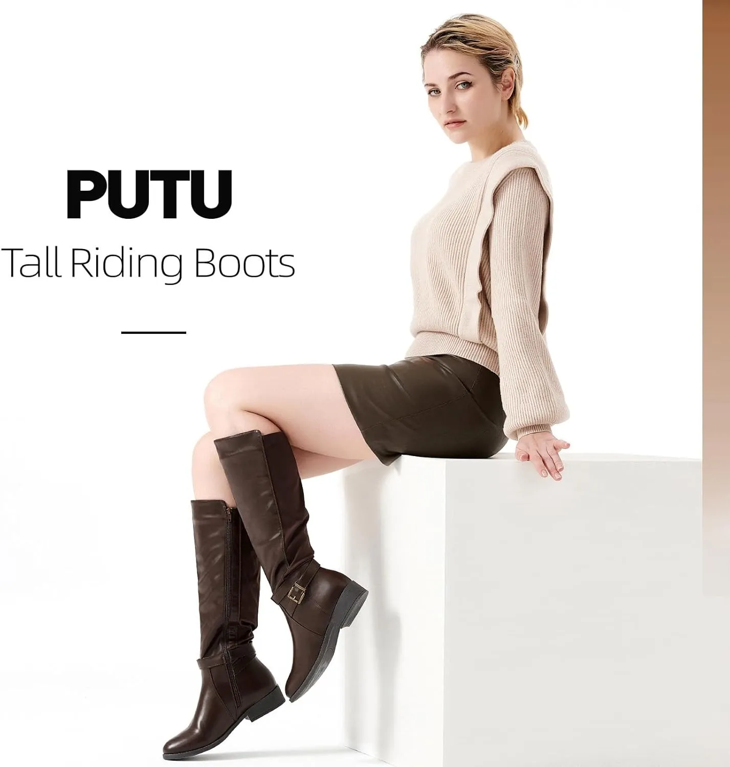 Putu Women's Knee High Riding Boots Flat Heel Tall Boots Round Toe Boots with Buckle Straps