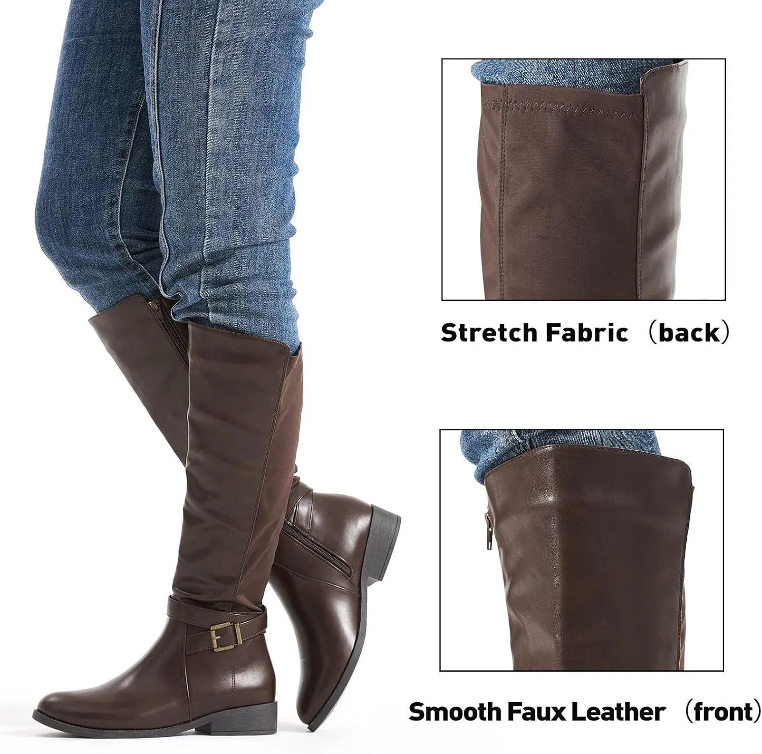 Putu Women's Knee High Riding Boots Flat Heel Tall Boots Round Toe Boots with Buckle Straps