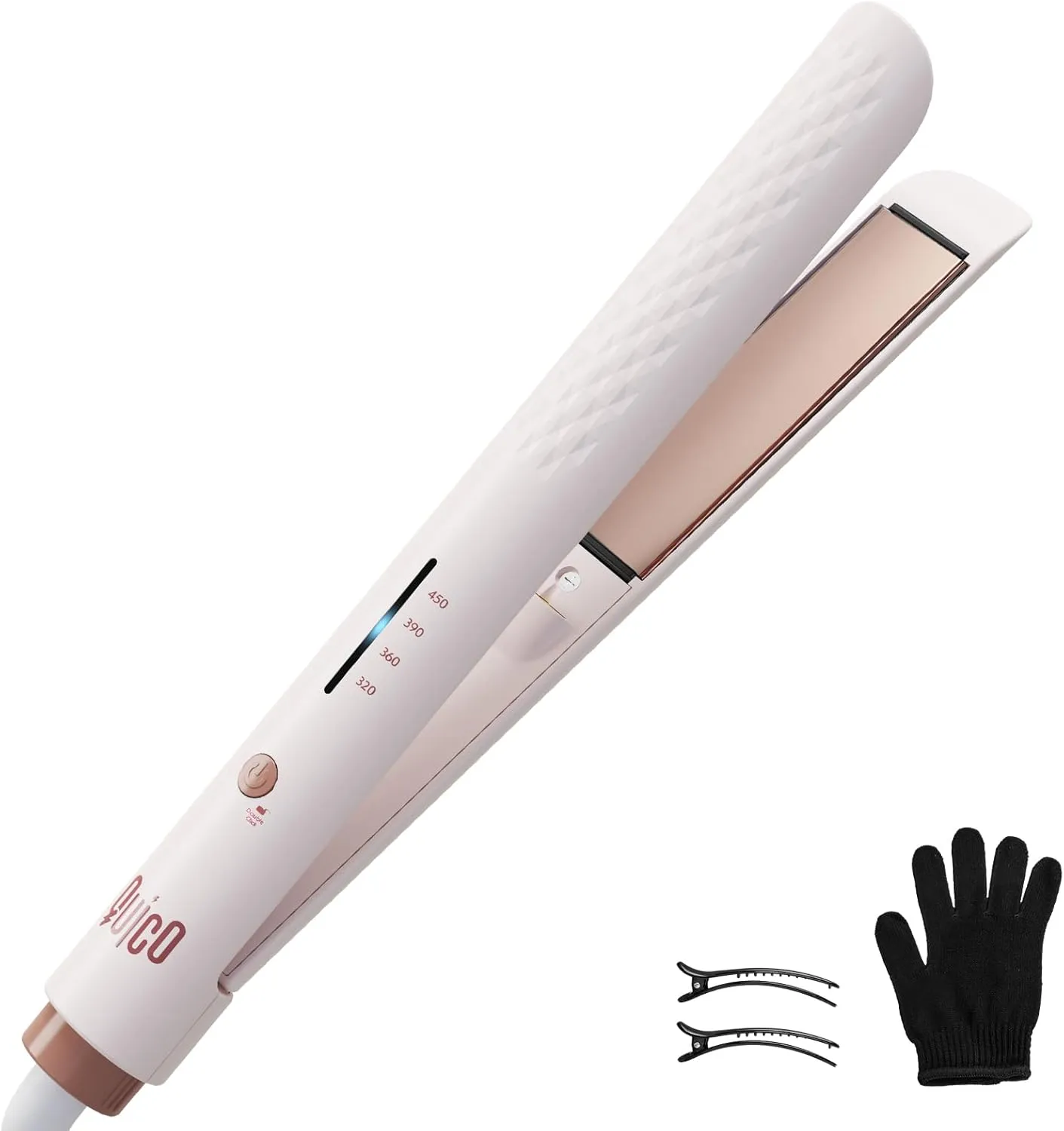 Quico Hair Straightener, 110-240V Global Travel Hair Straighteners for Women, 15s Fast Heating, Professional Negative Ion Flat Iron, Temp Memory, 320℉-450℉, Auto-Off, with Glove and Clips, Gift, Pink