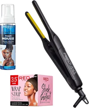 RED by KISS 3 Pcs Styling Set for Curls, 0.3” Ceramic Tourmaline Pencil Flat Iron, Foaming Mousse with Jamaican Black Castor Oil, Ultra Strong Hair Wrapping Strips for Sleek Styles & Frizz Control