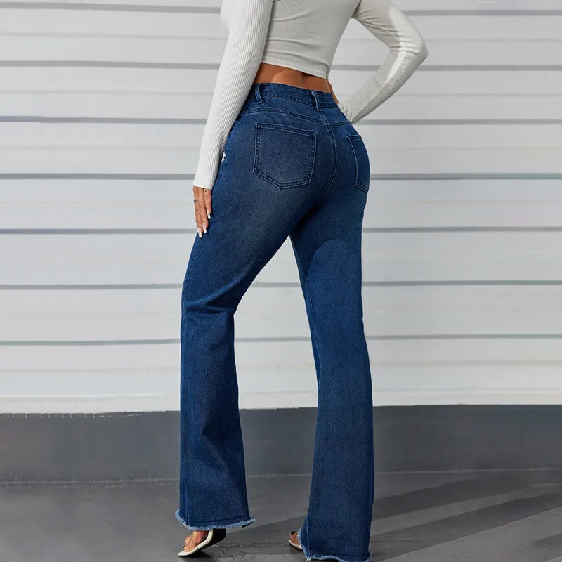 Retro Blue High Waist Slimming Slightly Flared Jeans Small Horseshoe Pants Stretchy Burr Extra Long Pants