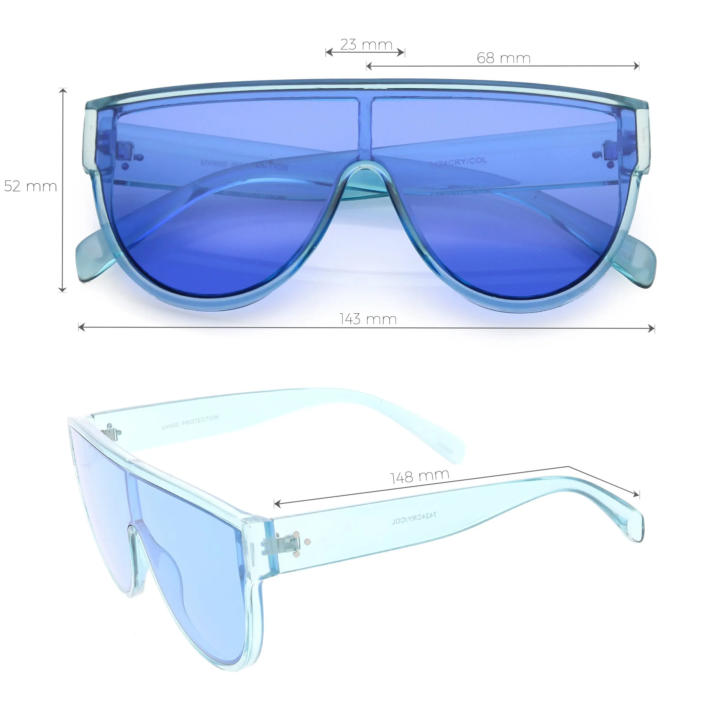Retro Oversize Flat Top Transparent Color Tone Shield Sunglasses C559