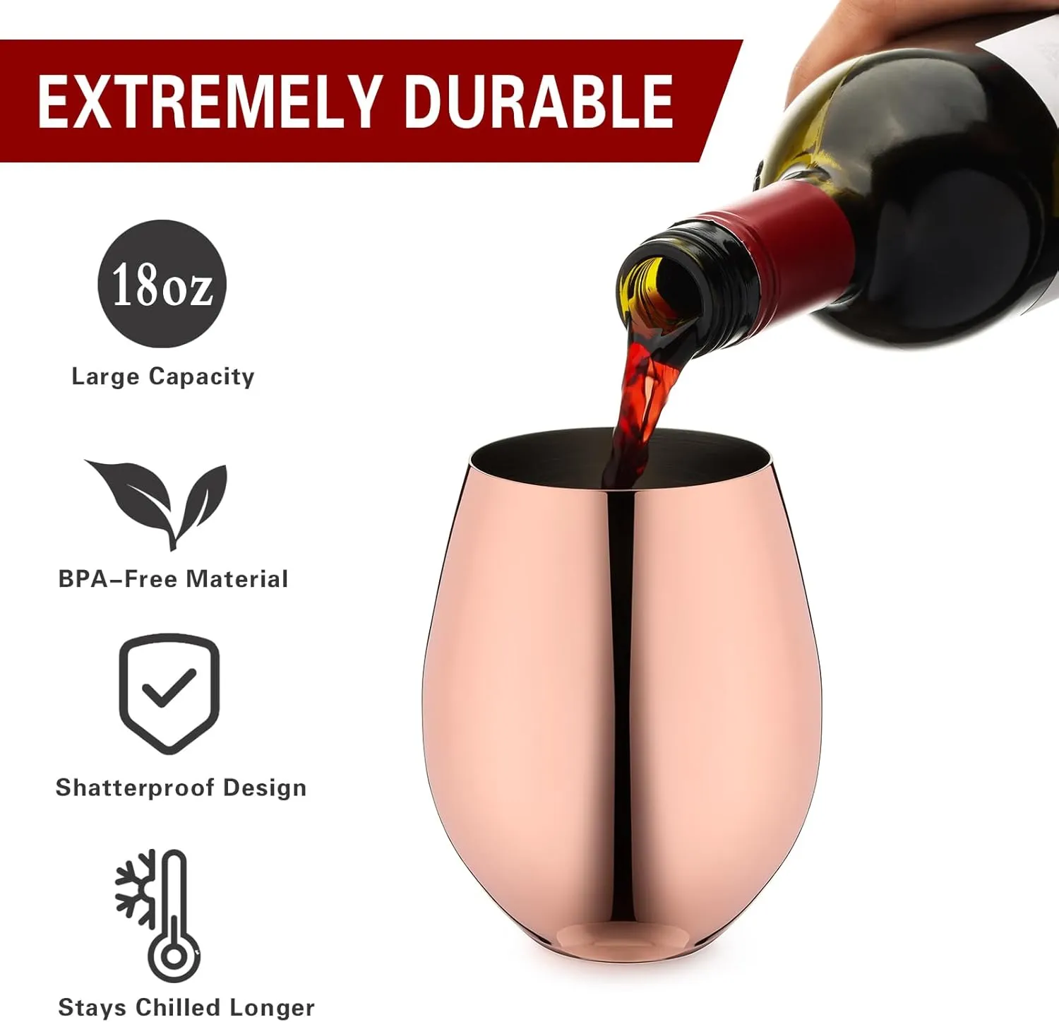 Rose Gold Wine Glasses Set of 4, 18oz Copper Wine Glasses, Stemless Stainless Steel Wine Glasses, Unbreakable Metal Wine Glass for Outdoor, Travel, Camping, Ideal Wine Accessories Gift