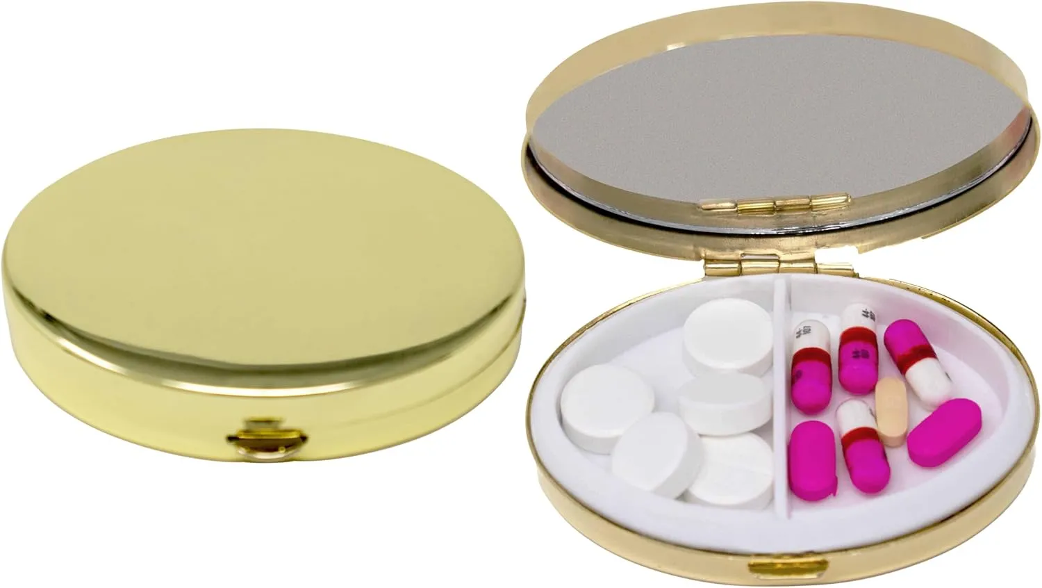 Set of 2 Oval-Shaped Pocket Purse Pill Box & Organizer with Dual Compartments (Gold Flat Top)
