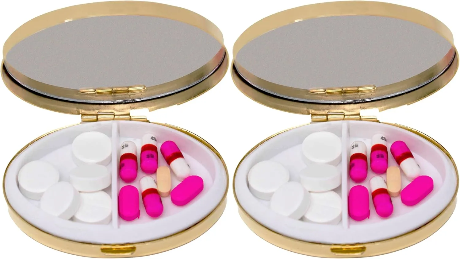Set of 2 Oval-Shaped Pocket Purse Pill Box & Organizer with Dual Compartments (Gold Flat Top)
