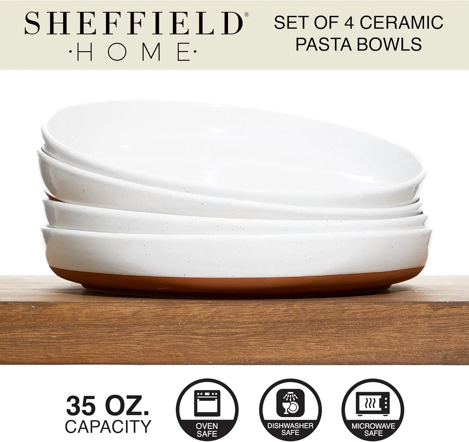 Sheffield Home Stoneware Flat Pasta Bowls, Set of 4 Stylish 35oz Bowls/Plates for Dinner, Salad, etc. Dishwasher, Microwave & Oven Safe. Durable for Everyday and Special Occasions - Vanilla White