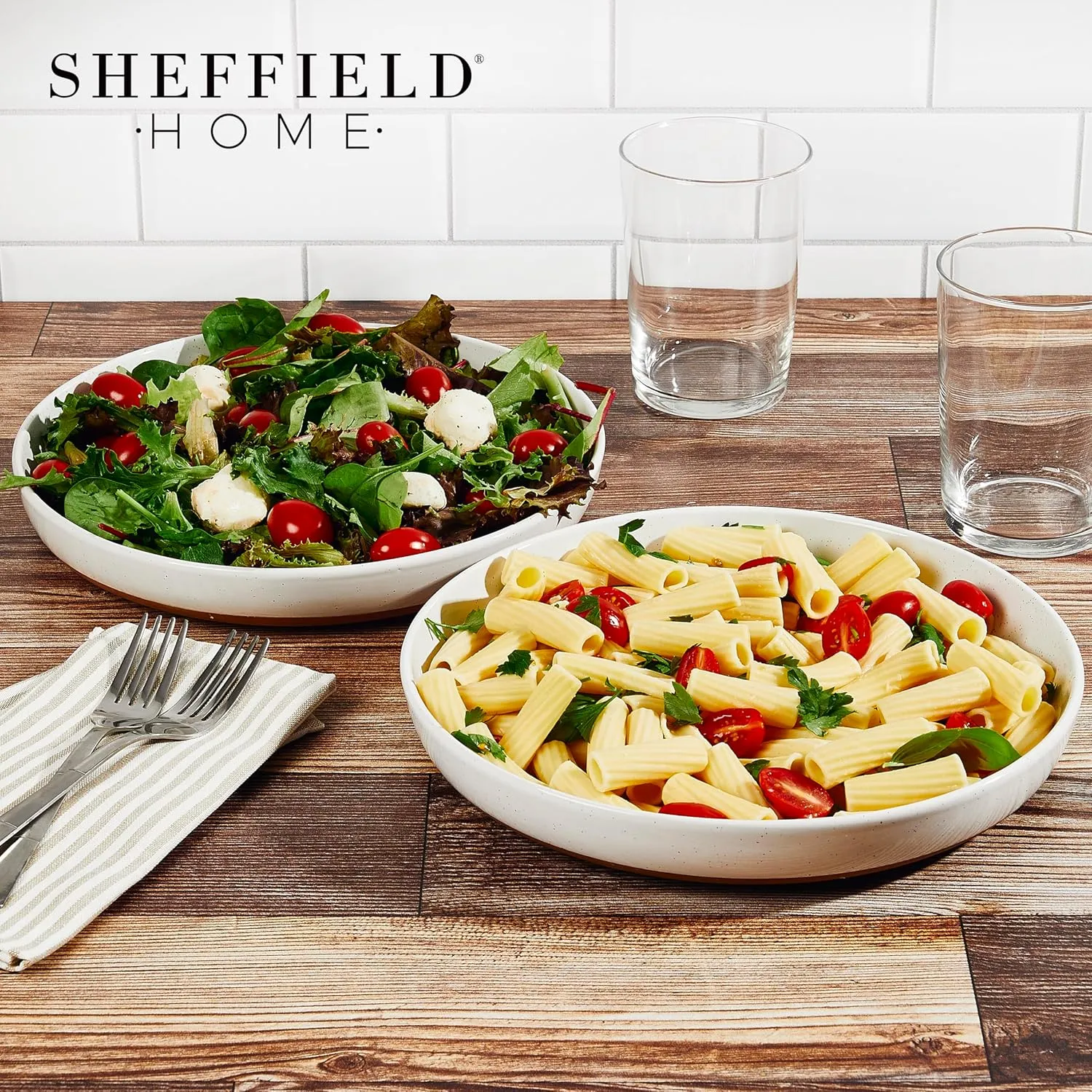 Sheffield Home Stoneware Flat Pasta Bowls, Set of 4 Stylish 35oz Bowls/Plates for Dinner, Salad, etc. Dishwasher, Microwave & Oven Safe. Durable for Everyday and Special Occasions - Vanilla White