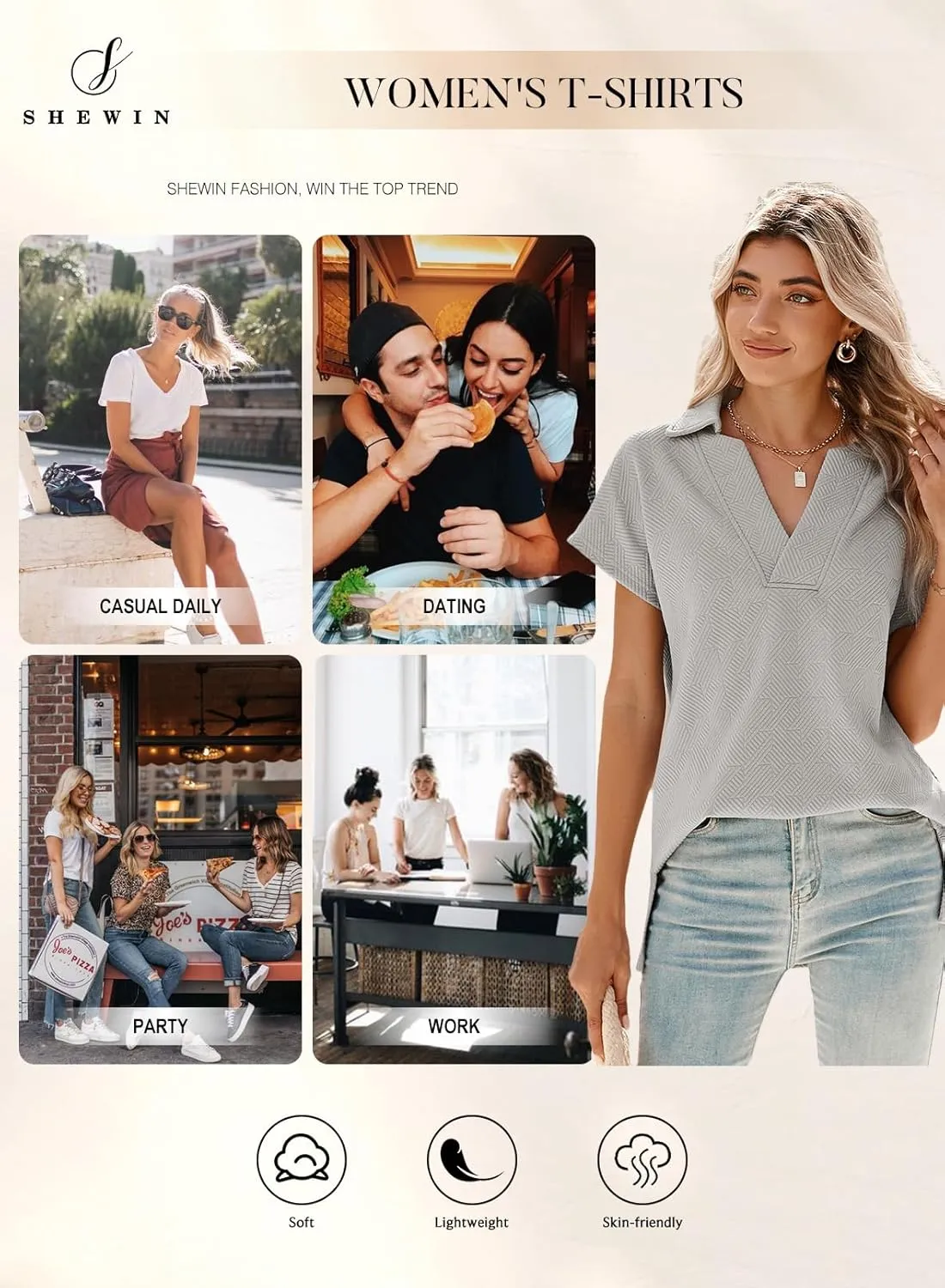 SHEWIN Women's Polo Shirts Casual Collared V Neck Short Sleeve T Shirt Tunic Tops Loose Fit
