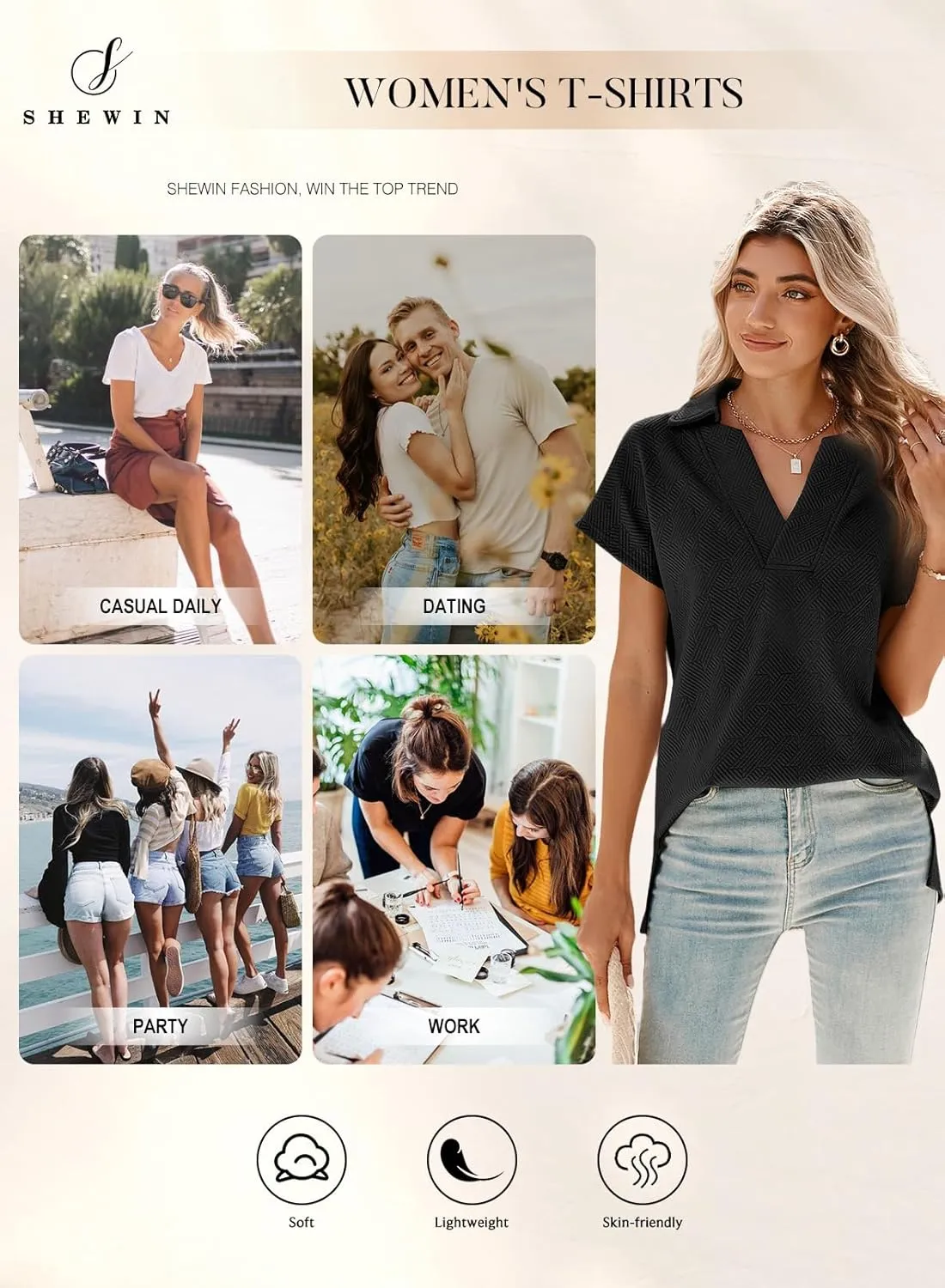 SHEWIN Women's Polo Shirts Casual Collared V Neck Short Sleeve T Shirt Tunic Tops Loose Fit