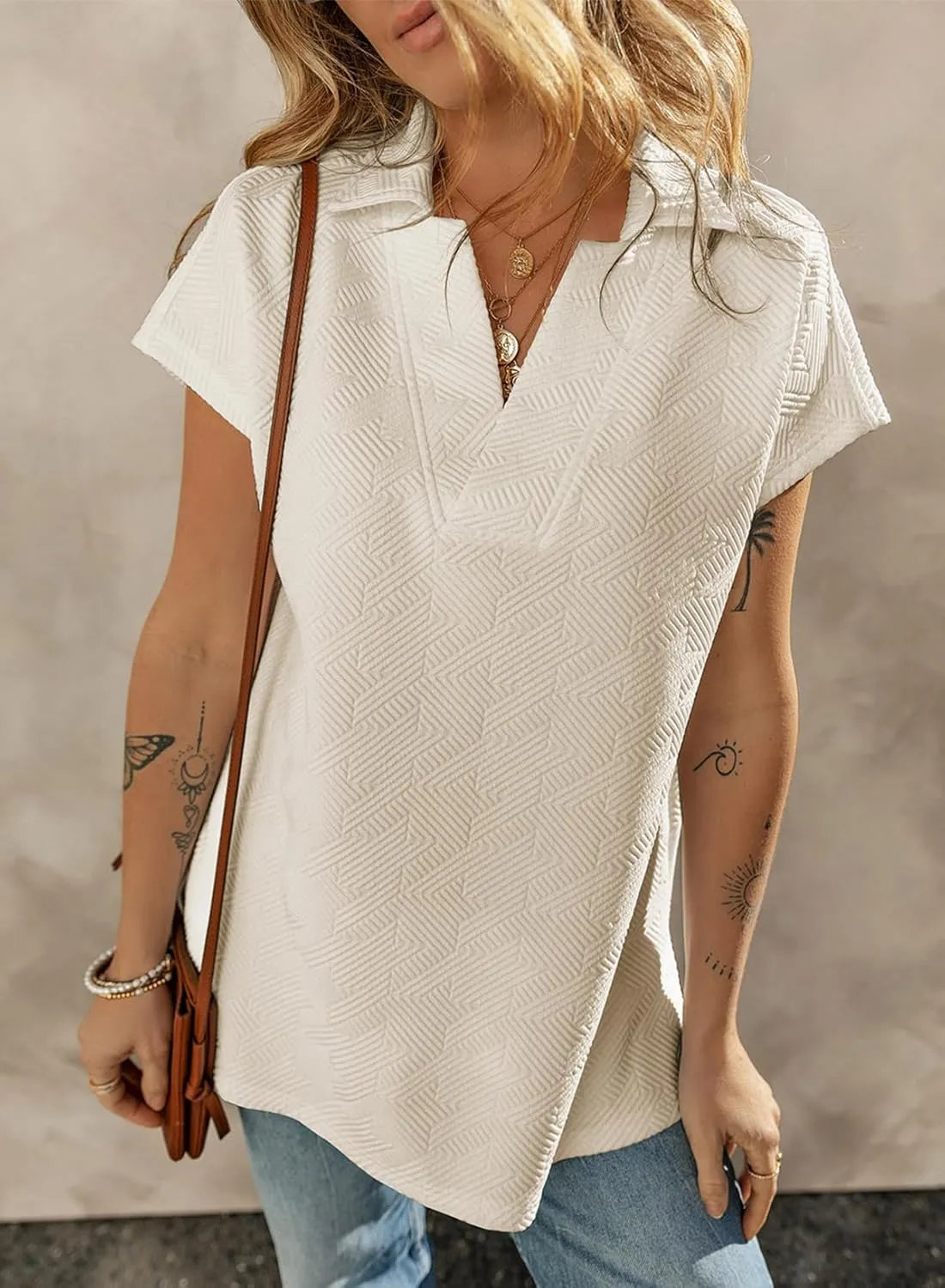SHEWIN Women's Polo Shirts Casual Collared V Neck Short Sleeve T Shirt Tunic Tops Loose Fit