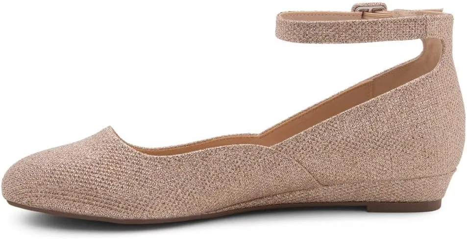Shoe Land SL-August Womens Flats – Round Toe Ballet Flat Shoes | Low Wedge & Ankle Strap | Dressy & Comfortable Slip-On Flats for Work, Office, Party