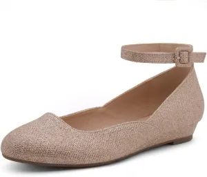 Shoe Land SL-August Womens Flats – Round Toe Ballet Flat Shoes | Low Wedge & Ankle Strap | Dressy & Comfortable Slip-On Flats for Work, Office, Party