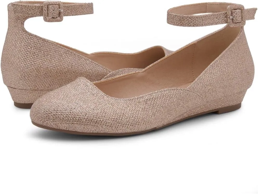 Shoe Land SL-August Womens Flats – Round Toe Ballet Flat Shoes | Low Wedge & Ankle Strap | Dressy & Comfortable Slip-On Flats for Work, Office, Party