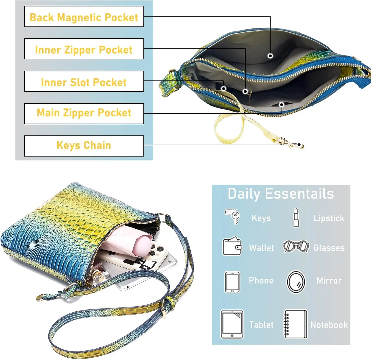 Shoulder Crocodile Flat Handbags for Women trendy Ladies Shoulder Bag Embossed Pattern Leather Crossbody Purse