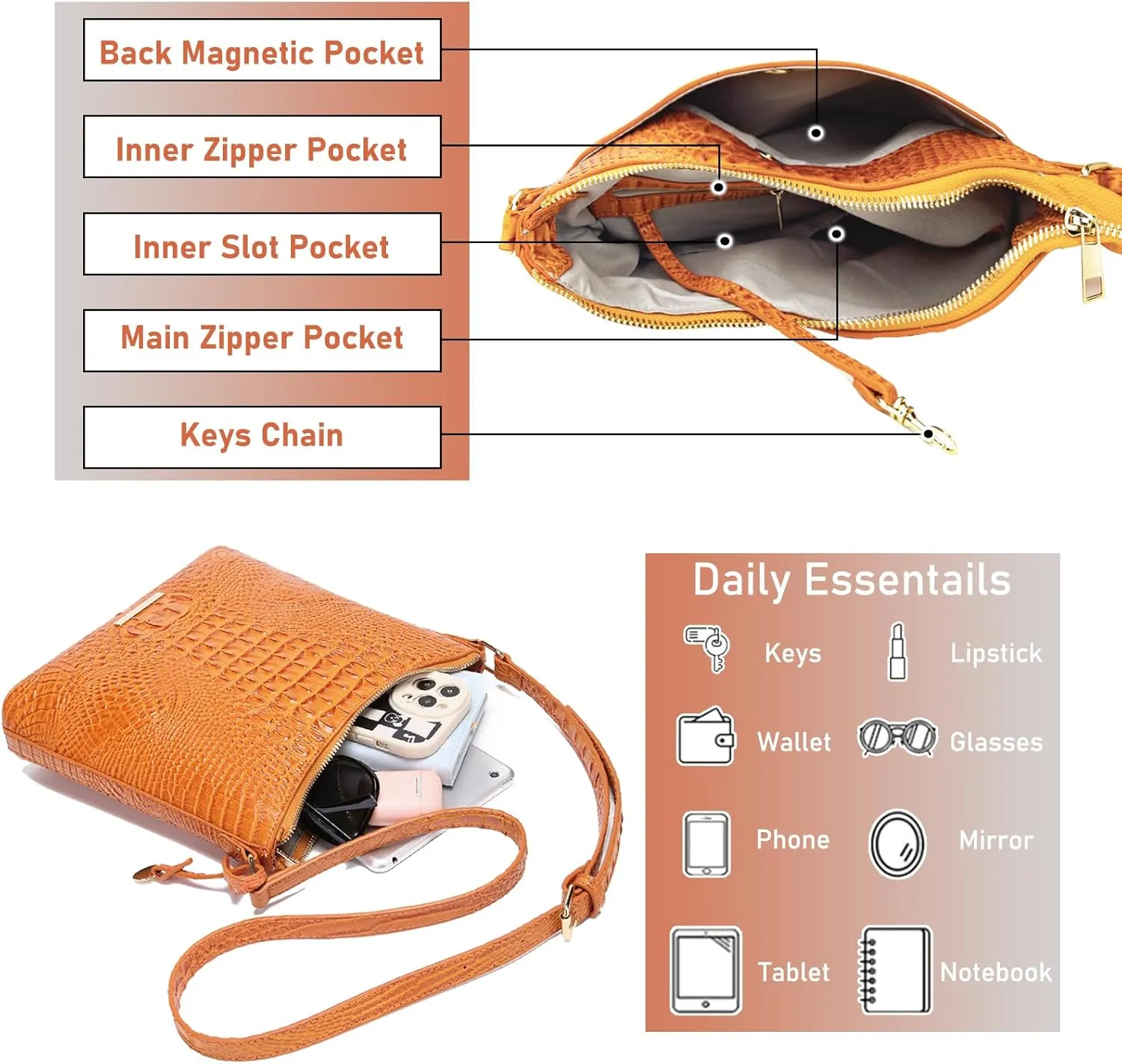 Shoulder Crocodile Flat Handbags for Women trendy Ladies Shoulder Bag Embossed Pattern Leather Crossbody Purse