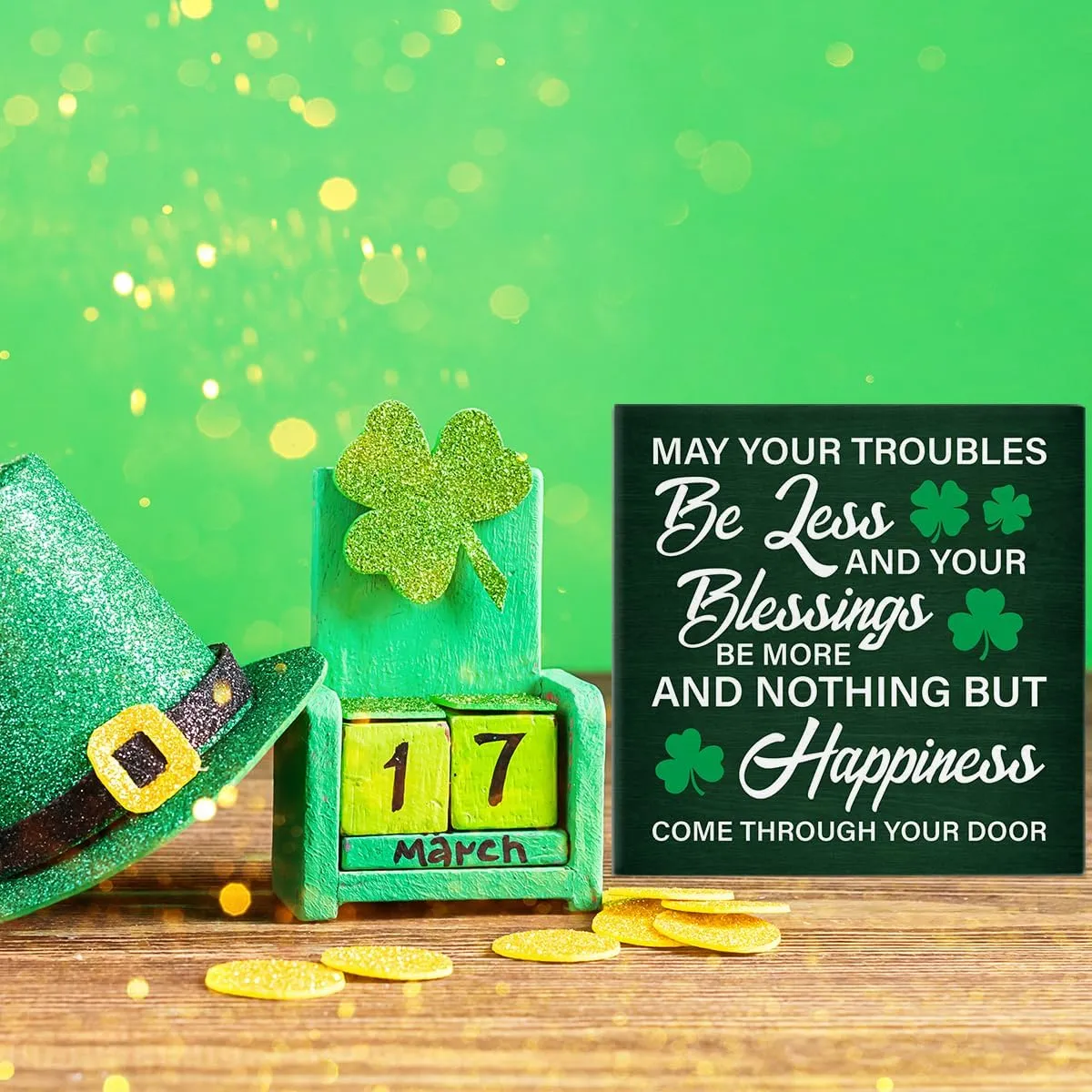 St. Patricks Day Decor May Your Troubles Be Less and Your Blessings Be More Wooden Sign Home Decor for Desk Table Shelf 5 x 5 Inches, Irish Blessings Decorations