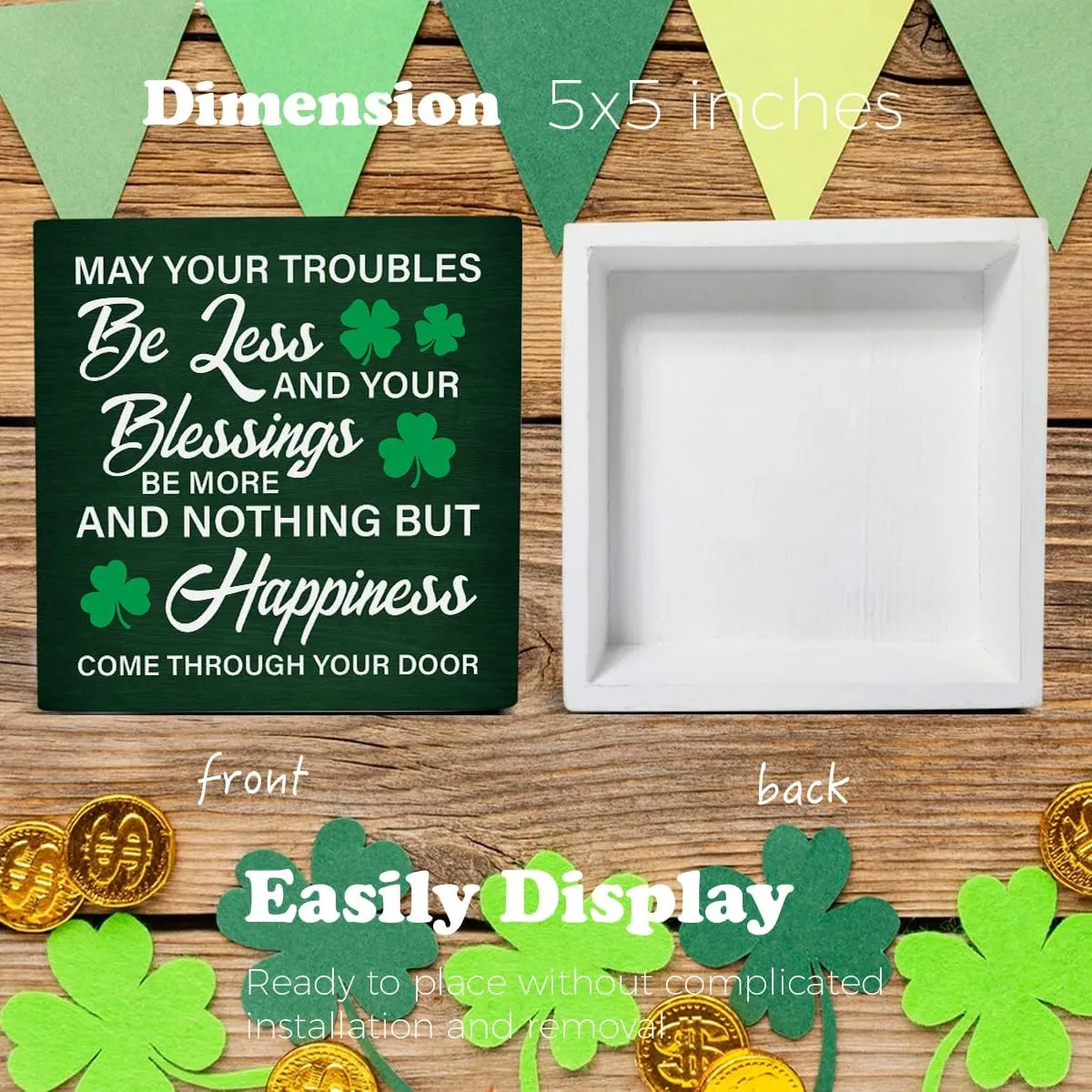 St. Patricks Day Decor May Your Troubles Be Less and Your Blessings Be More Wooden Sign Home Decor for Desk Table Shelf 5 x 5 Inches, Irish Blessings Decorations